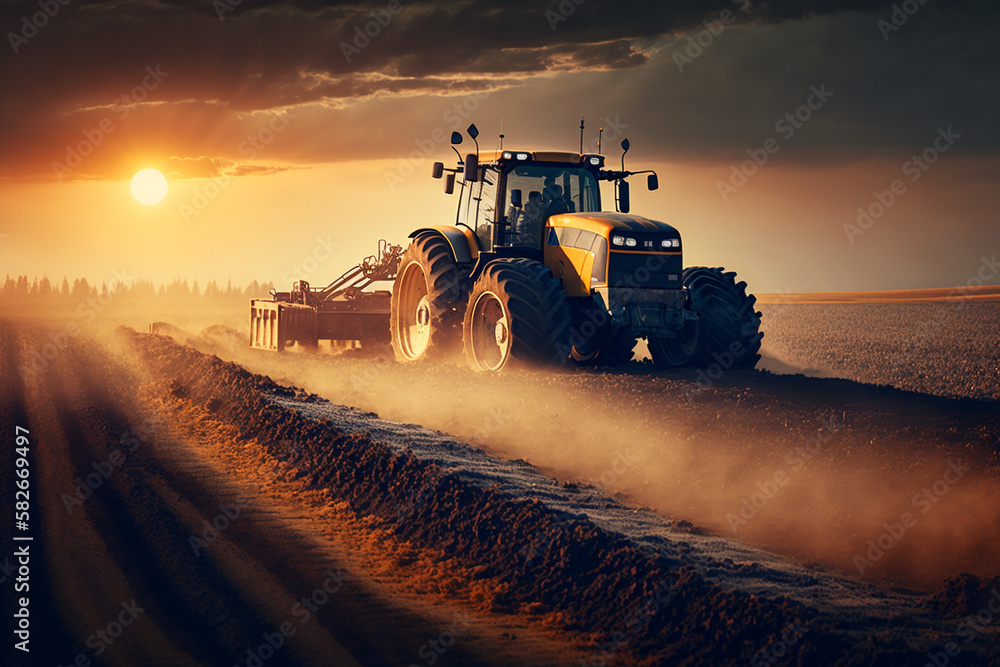 Fototapeta premium Harvesting Tractor in Action: a powerful harvesting tractor, working hard in the fields during the bountiful harvest season. Ai generated.