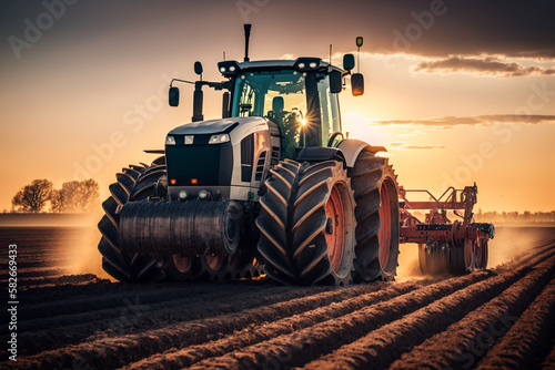 Harvesting Tractor in Action: a powerful harvesting tractor, working hard in the fields during the bountiful harvest season. Ai generated.