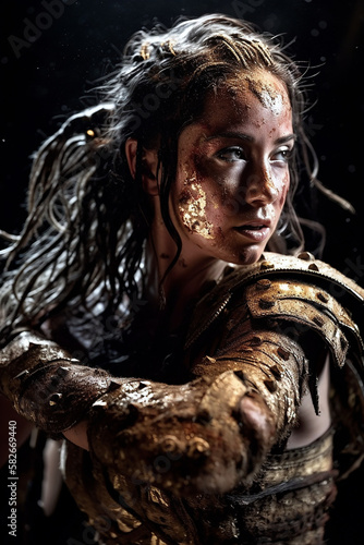 close up portrait of an ancient female warrior with brunette hair, metal and leather armor stained with mud and blood. Fantasy wallpaper, cover design and poster created with Generative AI