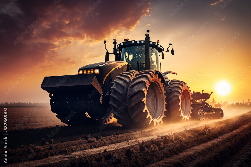 Fototapeta premium Harvesting Tractor in Action: a powerful harvesting tractor, working hard in the fields during the bountiful harvest season. Ai generated.