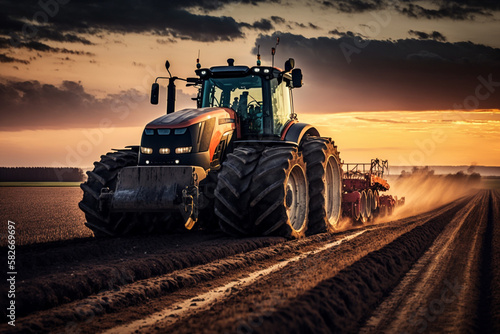 Harvesting Tractor in Action: a powerful harvesting tractor, working hard in the fields during the bountiful harvest season. Ai generated.