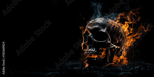 skull on fire isolated in black background created with a generative ai technology