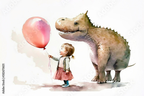 Baby girl and Dinosaur celebrating  birthday with birthday cake  balloons on white background. Happy holiday concept. Greeting card. Watercolor illustration  AI generated