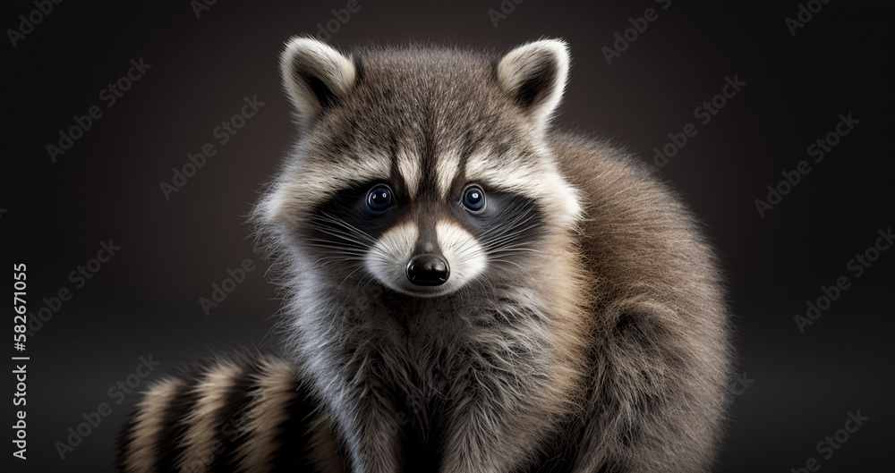 Illustration of cute racoon on dark gray background. High quality 3D render of Racoon