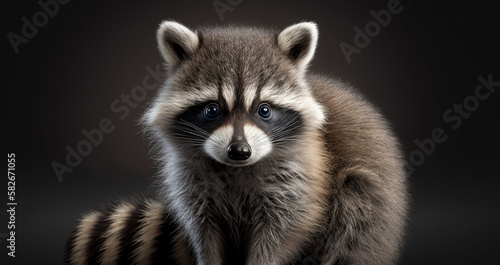 Illustration of cute racoon on dark gray background. High quality 3D render of Racoon