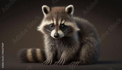 Illustraion of sad Cute racoon on gray background. High quality of 3D render racoon