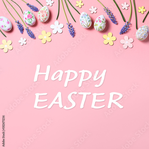 Easter card with flower design eggs, hyacinths and Happy Easter quote