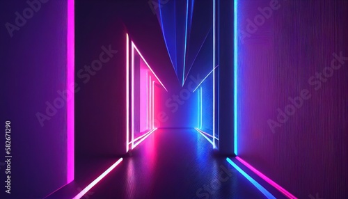 Abstract futuristic neon background. Linear lines of light.Neon Sci Fi Futuristic Modern Vibrant Purple Blue pink colors. Abstract neon lights into digital technology. generative ai