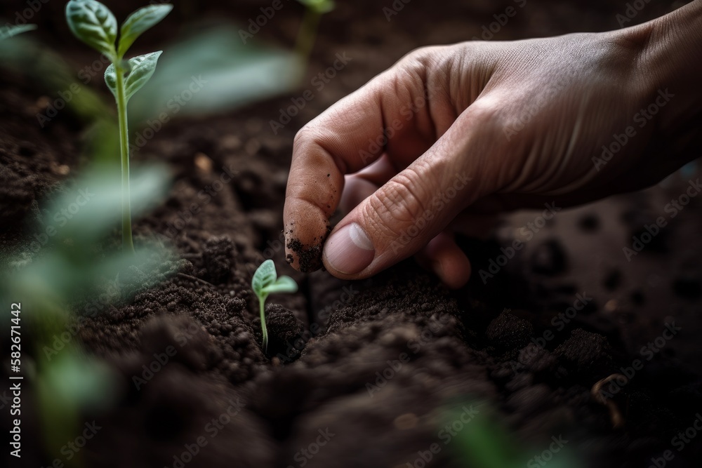 Hand von Gärtner/Gärtnerin die eine junge Pflanze Setzling in die Erde