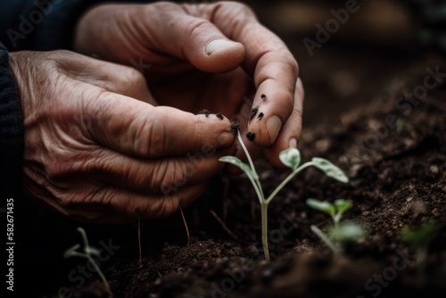 Hand von Gärtner/Gärtnerin die eine junge Pflanze Setzling in die Erde einpflanzt - Nahaufnahme 