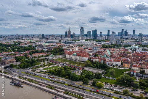 Old Town, city downtown and Vistula River in Warsaw city, Poland
