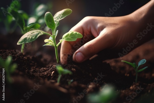 Hand von Gärtner/Gärtnerin die eine junge Pflanze Setzling in die Erde einpflanzt - Nahaufnahme   
