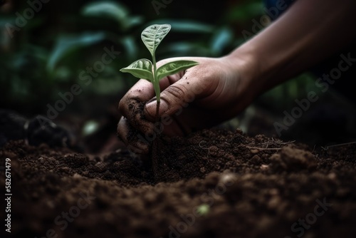 Hand von Gärtner/Gärtnerin die eine junge Pflanze Setzling in die Erde einpflanzt - Nahaufnahme   