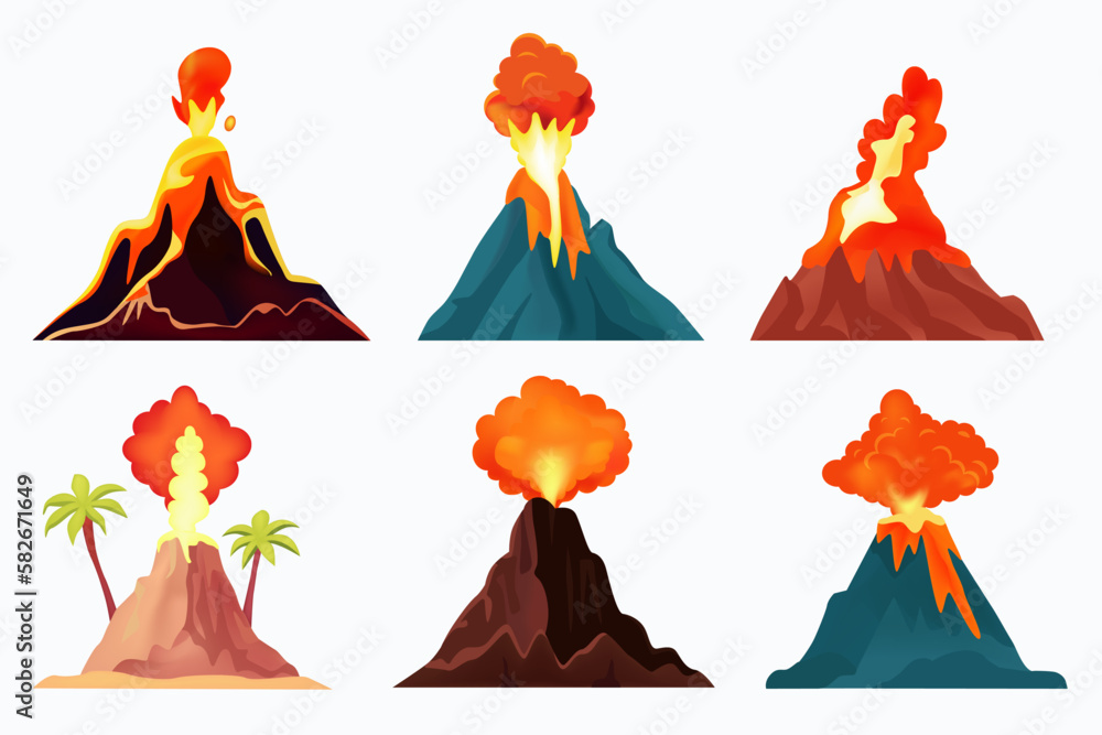 Volcano set. Rock exploding with magma, smoke and ashes, volcanic mountains crater explosion with lava and dust, geothermal eruption. Vector flat set of mountain rock lava exploding illustration - obrazy, fototapety, plakaty 