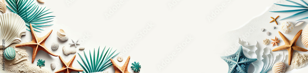 beach / sea themed banner or header with beautiful shells, corals and ...