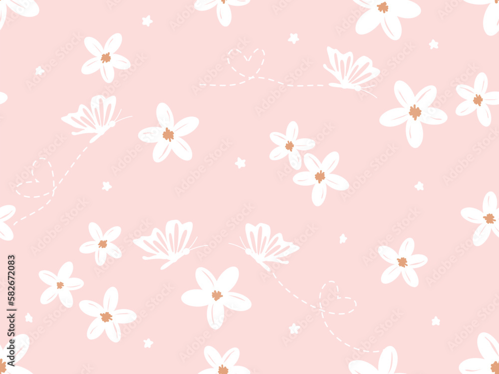 Seamless pattern with daisy flower and butterfly cartoons on pink background vector. Cute floral print. Seamless pattern with daisy flower and butterfly cartoons on pink background vector. Cute floral print.
