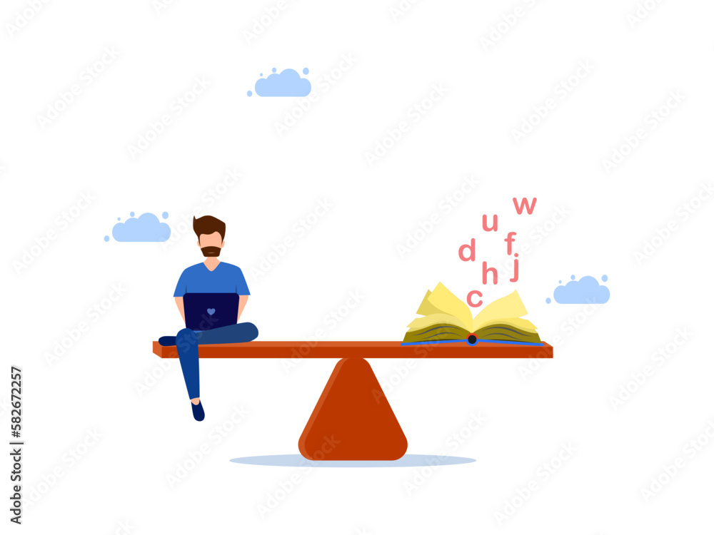 man working on laptop and books on scales. Balancing work and learning vector