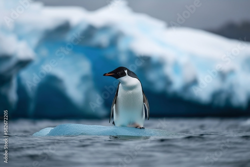 Single isolated penguin standing on an ice floe in Antarctica. Generative AI