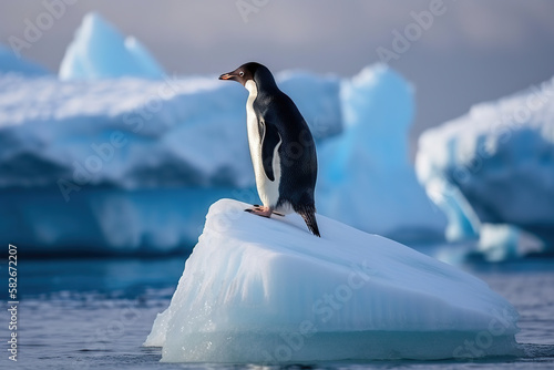 Single isolated penguin standing on an ice floe in Antarctica. Generative AI