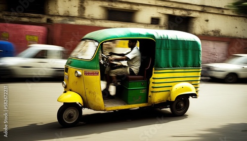 Auto rickshaw drives asian customer on indian street motion blur, tuk tuk autorickshaw taxi yellow green transport in India, fast and cheap tricycle taxi drive among city, generative AI photo