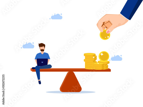 man working on laptop with money on scales. Balancing work and wages vector