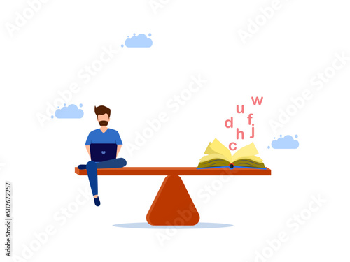 man working on laptop and books on scales. Balancing work and learning vector