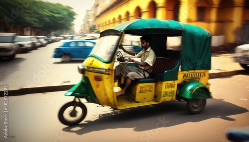 Auto rickshaw drives asian customer on indian street motion blur, tuk tuk autorickshaw taxi yellow green transport in India, fast and cheap tricycle taxi drive among city, generative AI photo