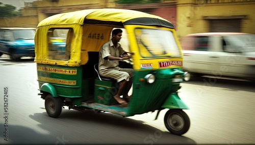 Auto rickshaw drives asian customer on indian street motion blur, tuk tuk autorickshaw taxi yellow green transport in India, fast and cheap tricycle taxi drive among city, generative AI photo