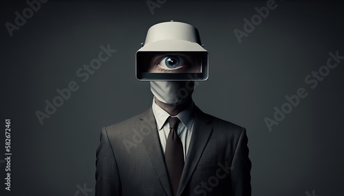 Businessman in suit with CCTV camera head copy space, supervisor monitoring of employees and subordinate work attitudes surveillance concept, detailed audit in company for business, generative AI