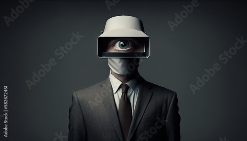 Businessman in suit with CCTV camera head copy space, supervisor monitoring of employees and subordinate work attitudes surveillance concept, detailed audit in company for business, generative AI photo