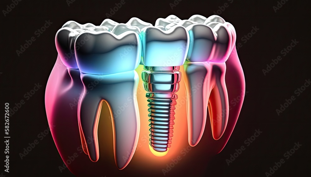 Dental implant in tooth row jaw colorful neon glowing, dental