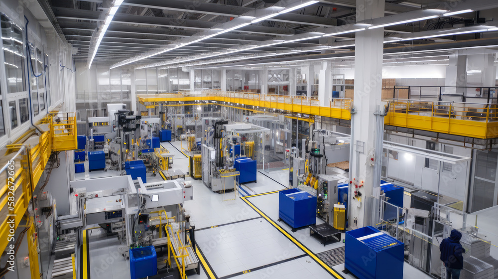 Fototapeta premium Modern factory, production line, brightly lit, with workers in overalls, ai generative