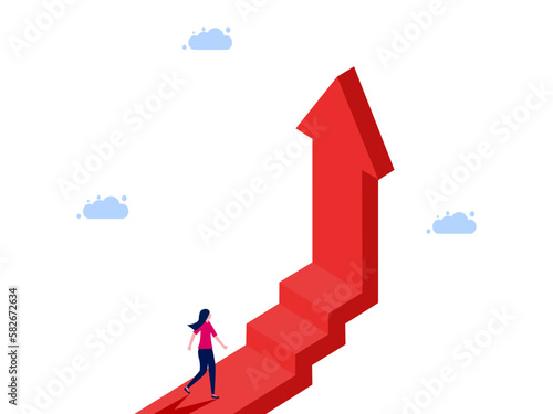 woman follows a growth ladder arrow. Career progression and growth stages vector