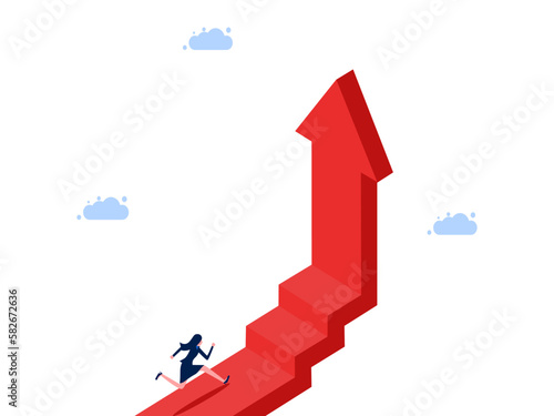 Woman running along the growth ladder arrow. Career progression and growth stages vector
