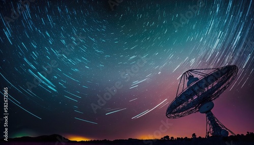 Radio telescope antenna radio receiver on beautiful night sky with star trails copy space, astronomical radio telescope in field detecting radio waves in deep space, radio astronomy, generative AI