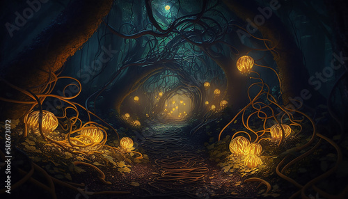 A mystical forest, with twisting vines and glowing mushrooms that illuminate the path Generative AI