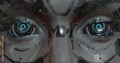 AI conceptual design, a cyborg face, female robot woke up, open digital eyes, intricate details that suggest a high level of engineering, machine learning photo