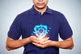 Man holding shield protect icon. Protection network security computer. User privacy security and safe your data concept.