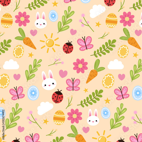 Easter seamless pattern. Spring pattern with colorful eggs, bunny, carrot, flowers for banners, posters, cover design templates, social media stories wallpapers and greeting cards.