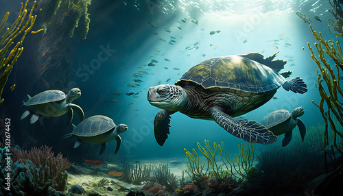 Aquarium  looking sea turtles lazily swimming through a lush kelp forest Generative AI