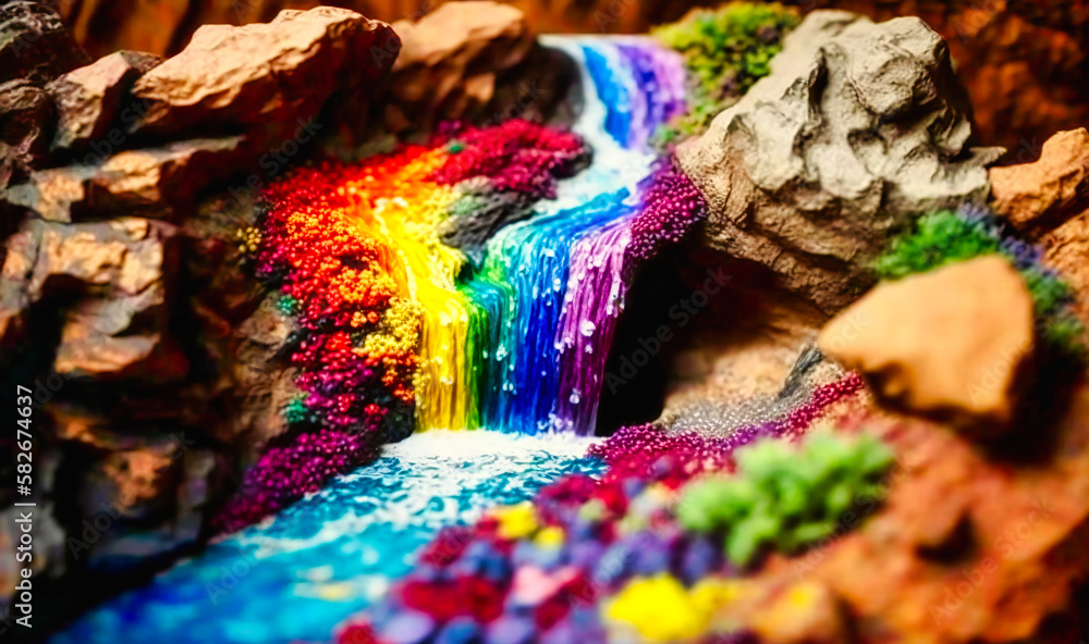 A canyon where the rocks are all different colors of the rainbow and waterfalls pour down in a rainbow cascade