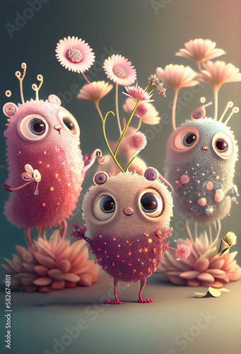Mini adorable whimsical monster cartoon 3D illustration. Generative AI.