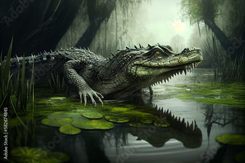 Huge crocodile in the swamp. AI generated