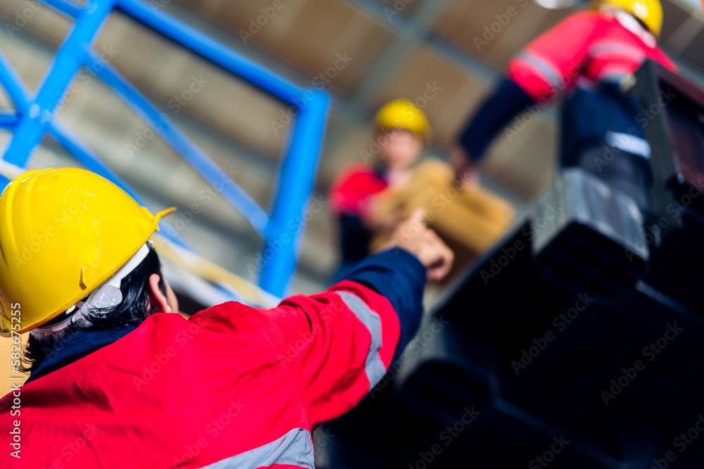 Fototapeta premium Engineer team cargo shipping transportation ship loading move inventory cardboard boxes in factory distributions warehouse at logistics center.logistic industry and business import export