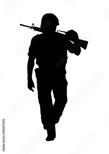 Black silhouette of an American soldier with a rifle over his shoulder