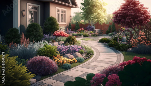 Landscaping in home garden. Landscape design with plants and flowers at residential house. Scenic view of nice