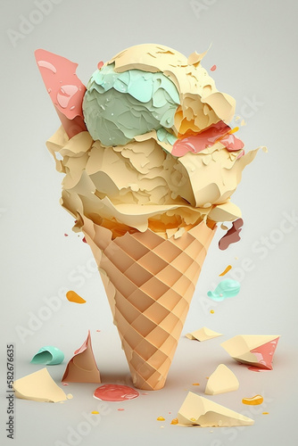 Picture of colorful ice-cream cone on pastel background. colorblocks. Generative AI photo