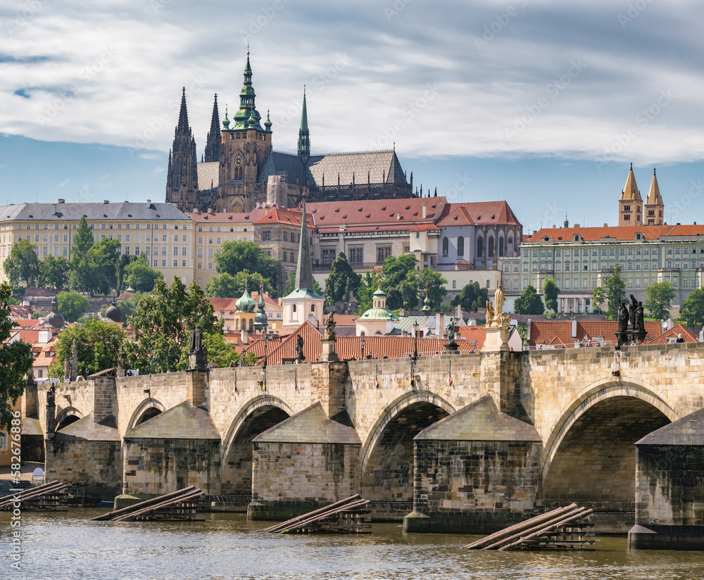 Charles bridge and the Prague castle in summer, Czech Republic.