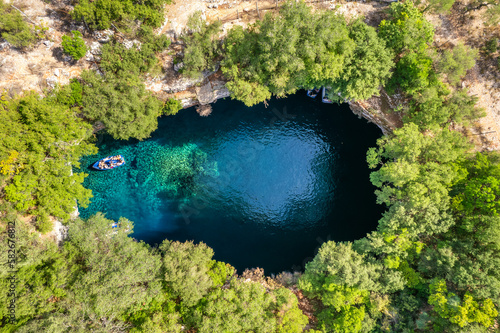 Famous Melissani lake on Kefalonia island, Karavomylos, Greece.