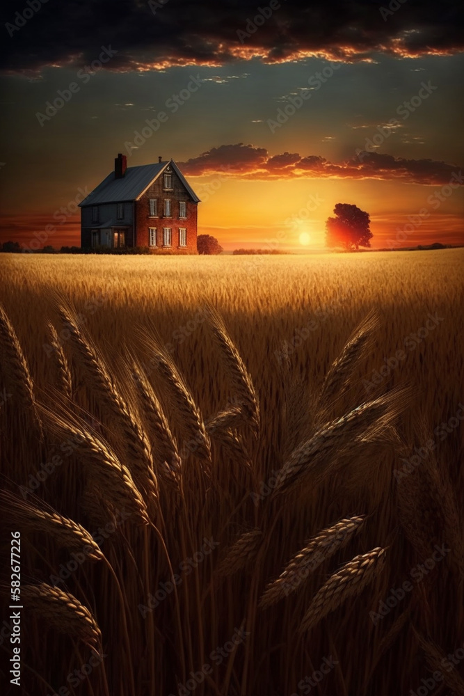 Wheat field and farmhouse at sunset. AI generated